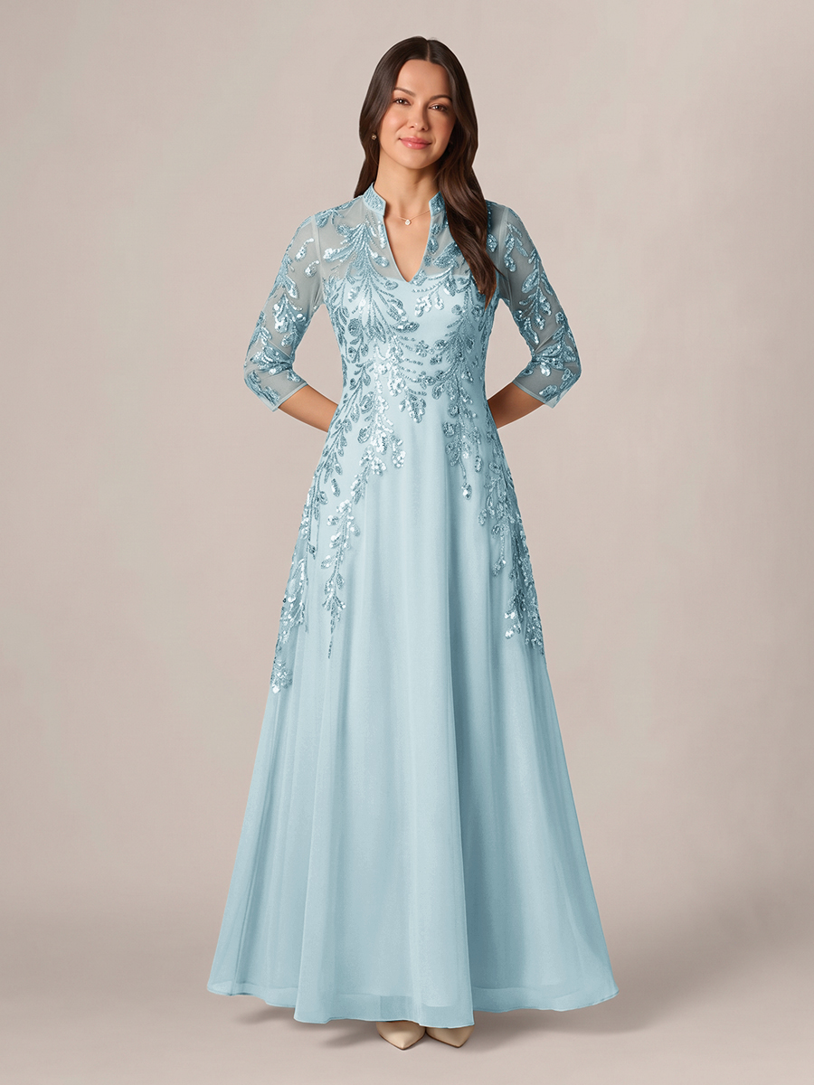 A-line High Neck 3/4 Sleeves Appliques Lace Floor-Length Chiffon Corset Mother of the Bride Dress