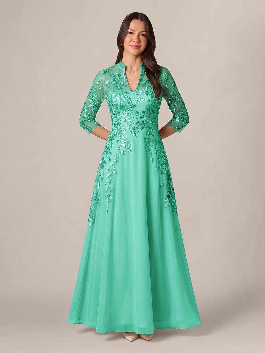 A-line High Neck 3/4 Sleeves Appliques Lace Floor-Length Chiffon Corset Mother of the Bride Dress
