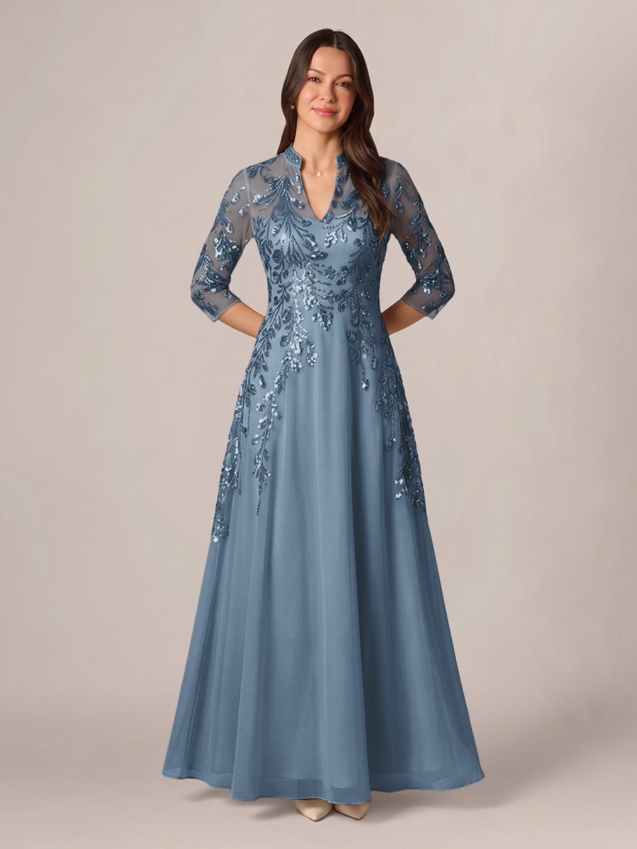 A-line High Neck 3/4 Sleeves Appliques Lace Floor-Length Chiffon Corset Mother of the Bride Dress