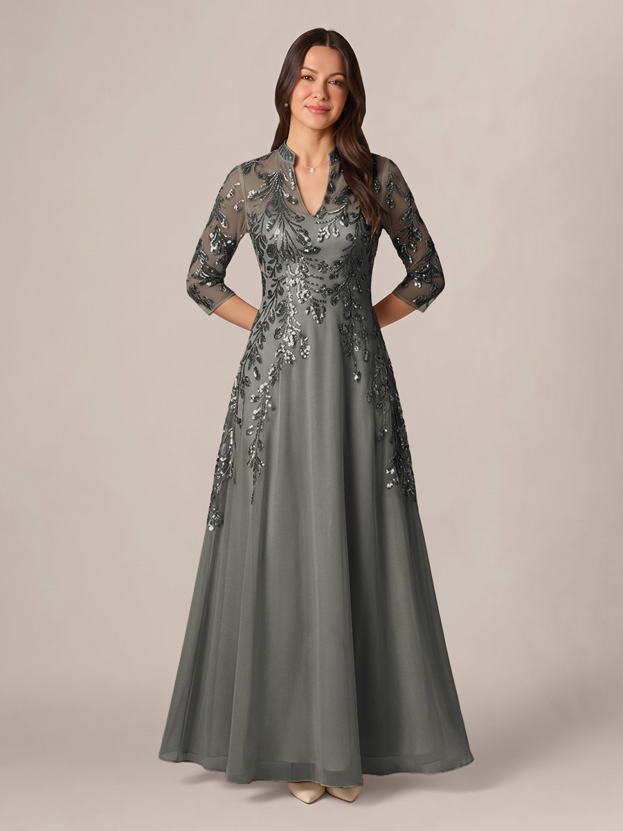 A-line High Neck 3/4 Sleeves Appliques Lace Floor-Length Chiffon Corset Mother of the Bride Dress