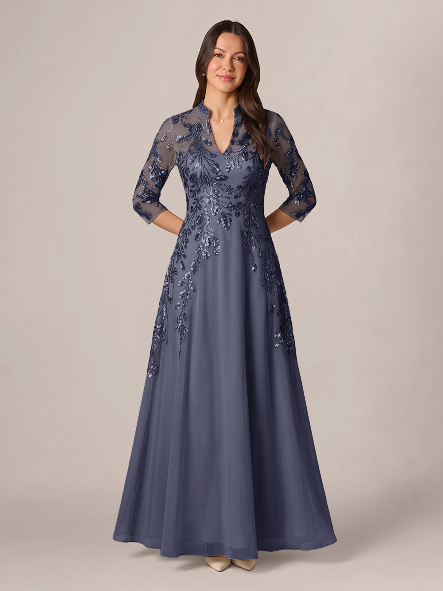 A-line High Neck 3/4 Sleeves Appliques Lace Floor-Length Chiffon Corset Mother of the Bride Dress
