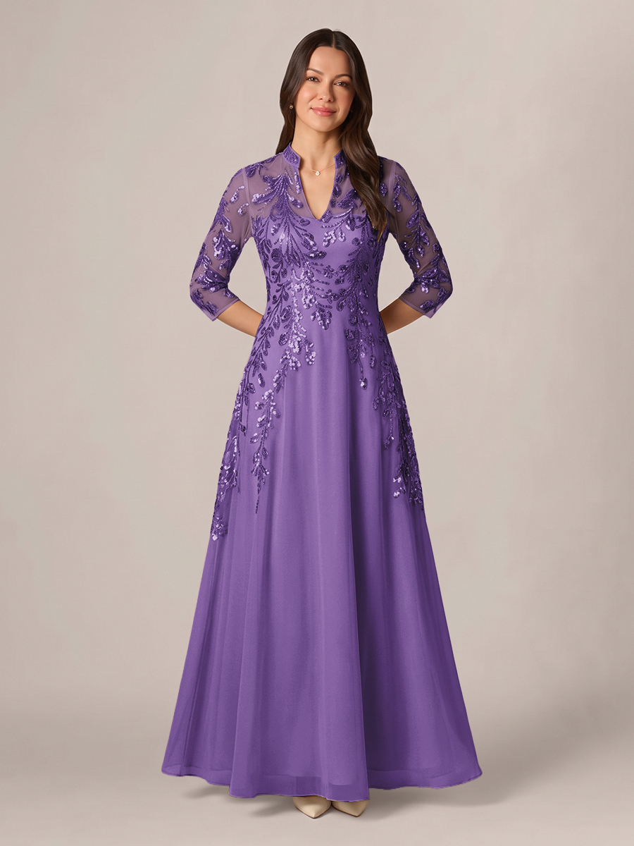 A-line High Neck 3/4 Sleeves Appliques Lace Floor-Length Chiffon Corset Mother of the Bride Dress