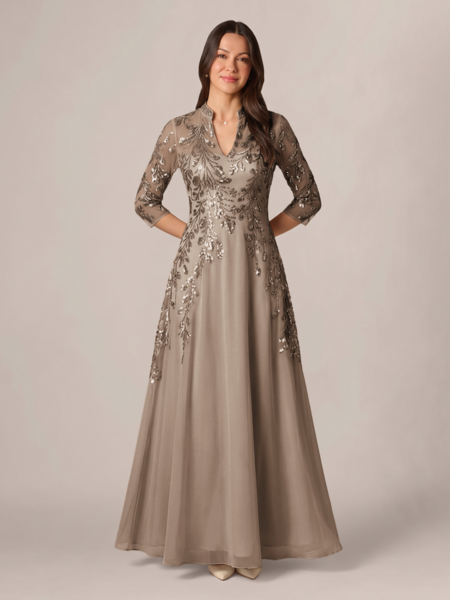 A-line High Neck 3/4 Sleeves Appliques Lace Floor-Length Chiffon Corset Mother of the Bride Dress