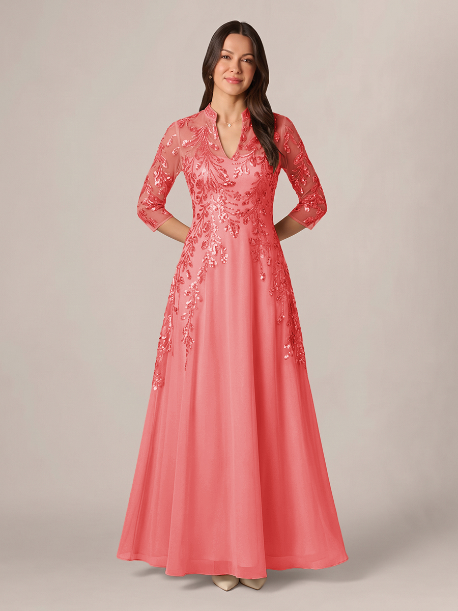A-line High Neck 3/4 Sleeves Appliques Lace Floor-Length Chiffon Corset Mother of the Bride Dress