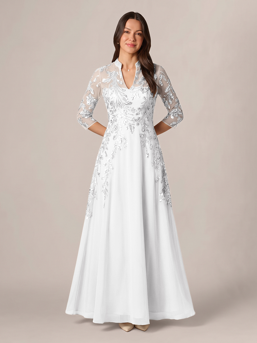 A-line High Neck 3/4 Sleeves Appliques Lace Floor-Length Chiffon Corset Mother of the Bride Dress