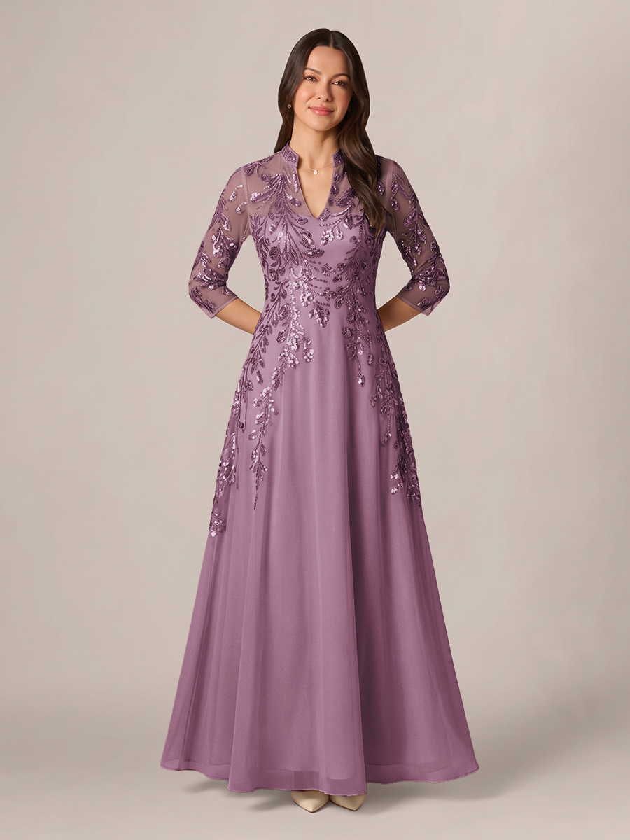 A-line High Neck 3/4 Sleeves Appliques Lace Floor-Length Chiffon Corset Mother of the Bride Dress