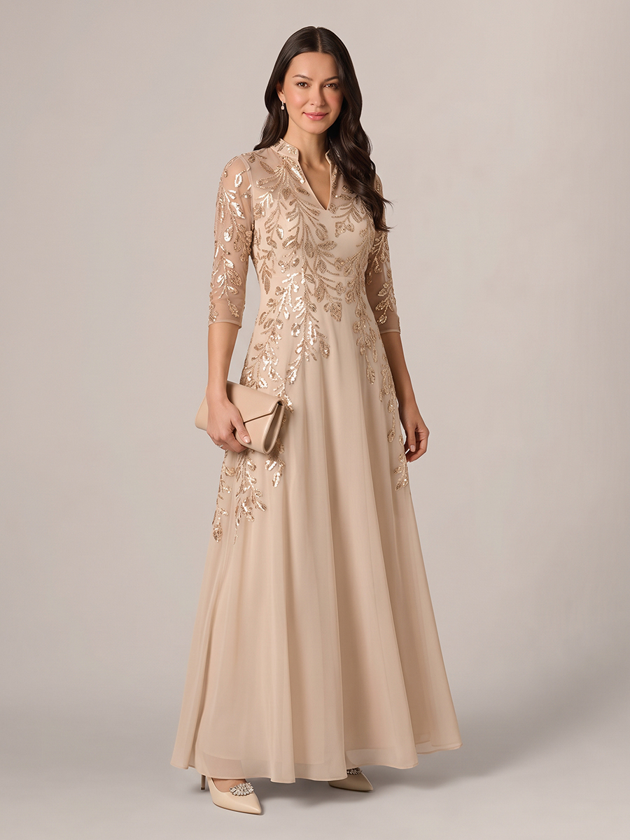 A-line High Neck 3/4 Sleeves Appliques Lace Floor-Length Chiffon Corset Mother of the Bride Dress