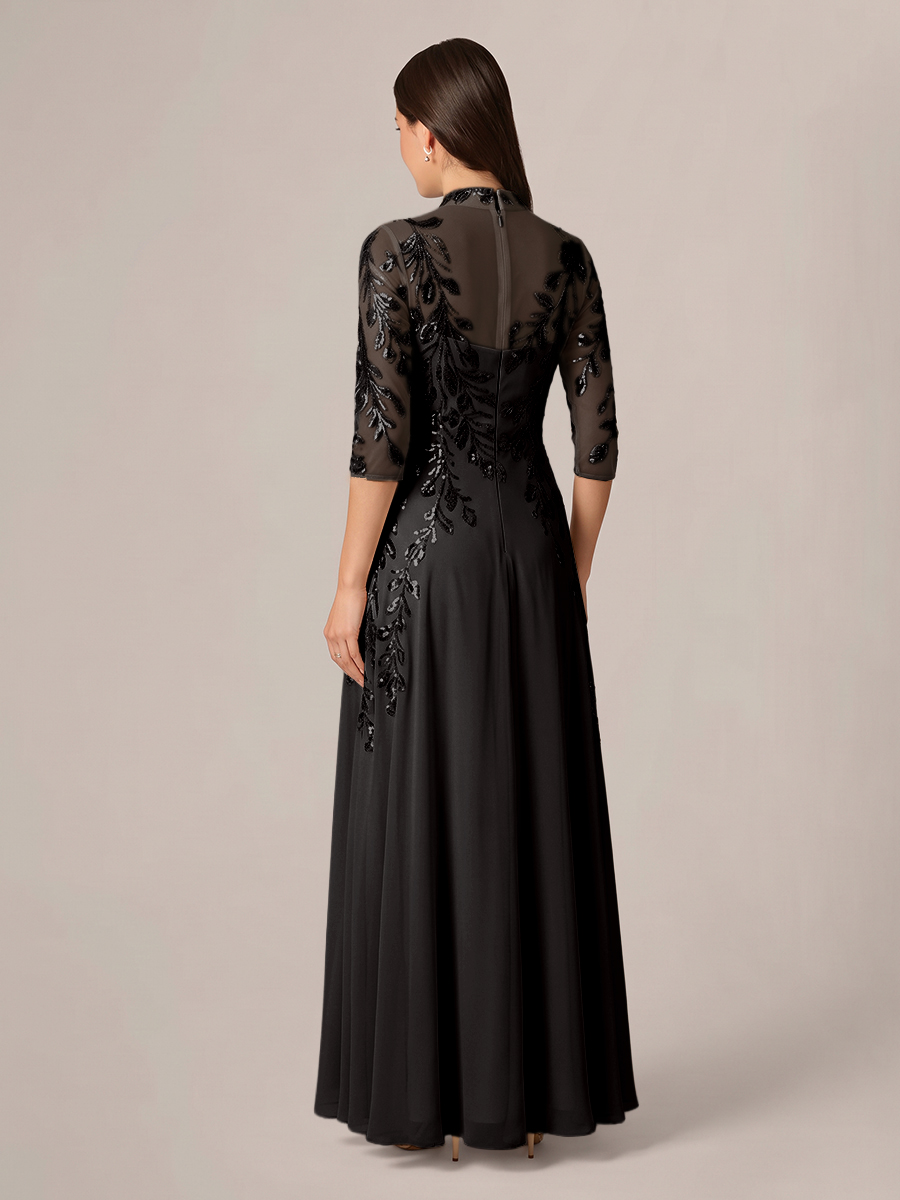 A-line High Neck 3/4 Sleeves Appliques Lace Floor-Length Chiffon Corset Mother of the Bride Dress