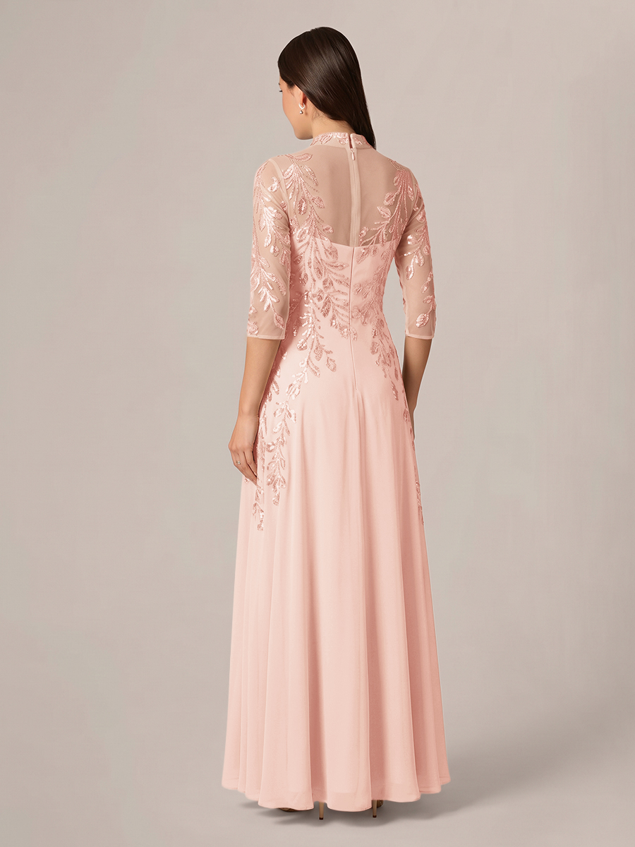 A-line High Neck 3/4 Sleeves Appliques Lace Floor-Length Chiffon Corset Mother of the Bride Dress