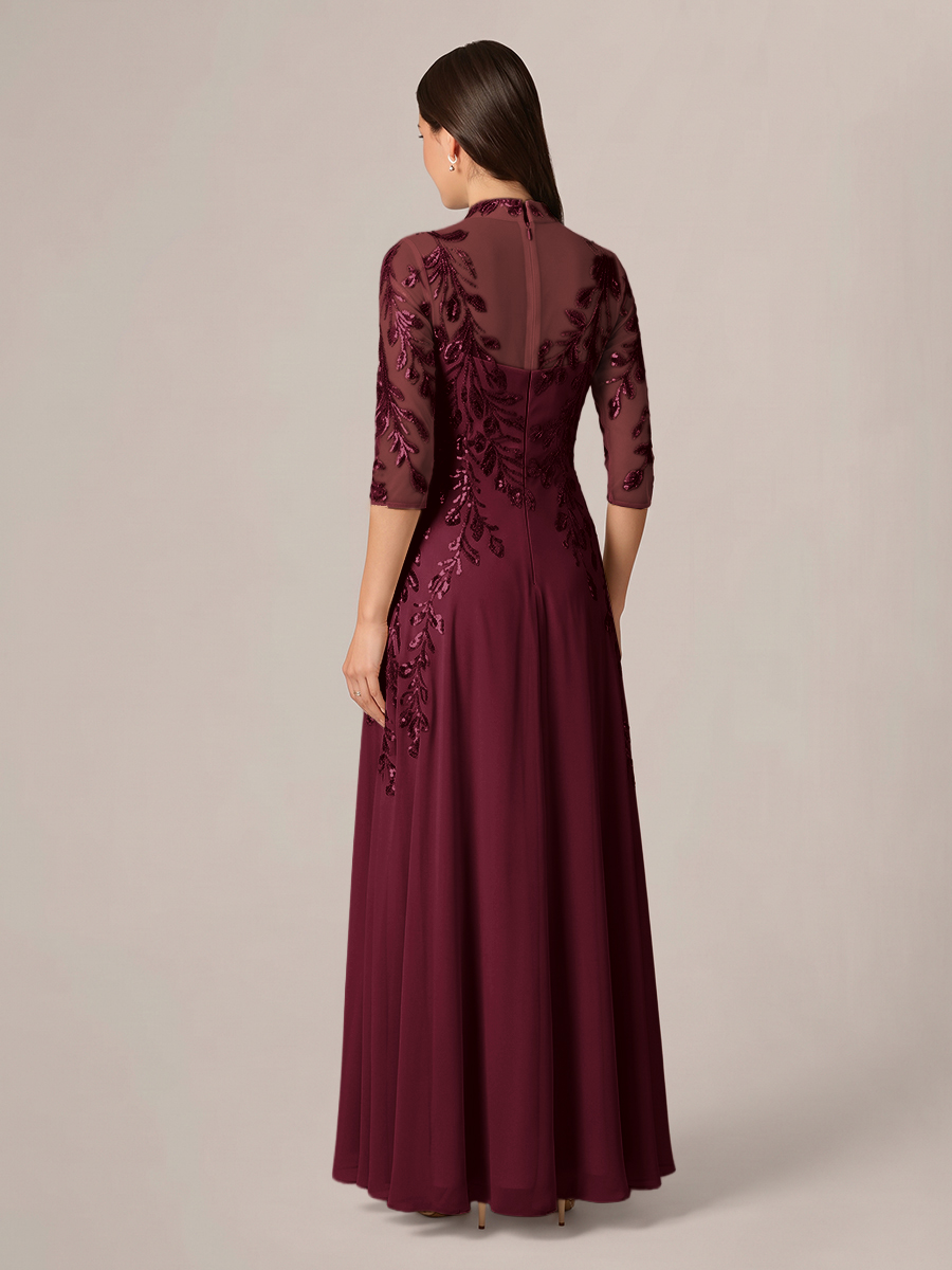 A-line High Neck 3/4 Sleeves Appliques Lace Floor-Length Chiffon Corset Mother of the Bride Dress