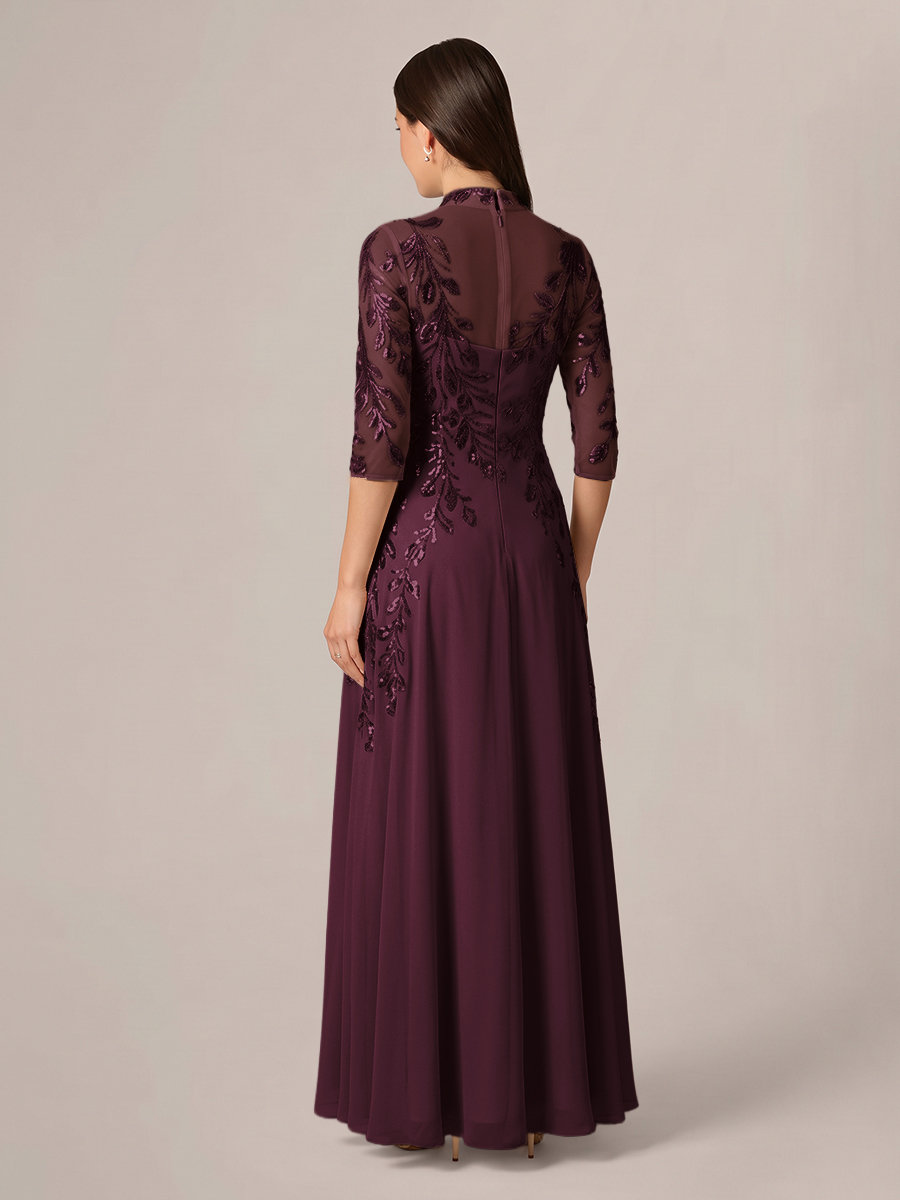 A-line High Neck 3/4 Sleeves Appliques Lace Floor-Length Chiffon Corset Mother of the Bride Dress