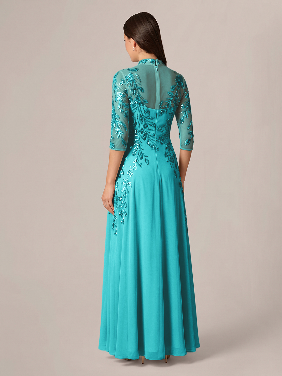 A-line High Neck 3/4 Sleeves Appliques Lace Floor-Length Chiffon Corset Mother of the Bride Dress