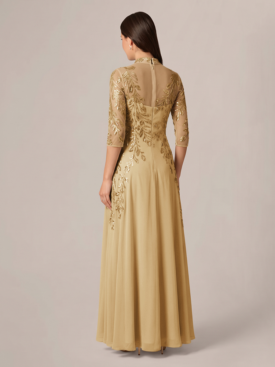 A-line High Neck 3/4 Sleeves Appliques Lace Floor-Length Chiffon Corset Mother of the Bride Dress