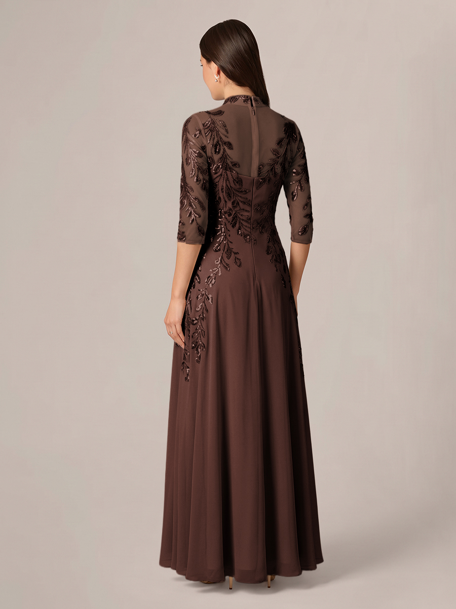 A-line High Neck 3/4 Sleeves Appliques Lace Floor-Length Chiffon Corset Mother of the Bride Dress