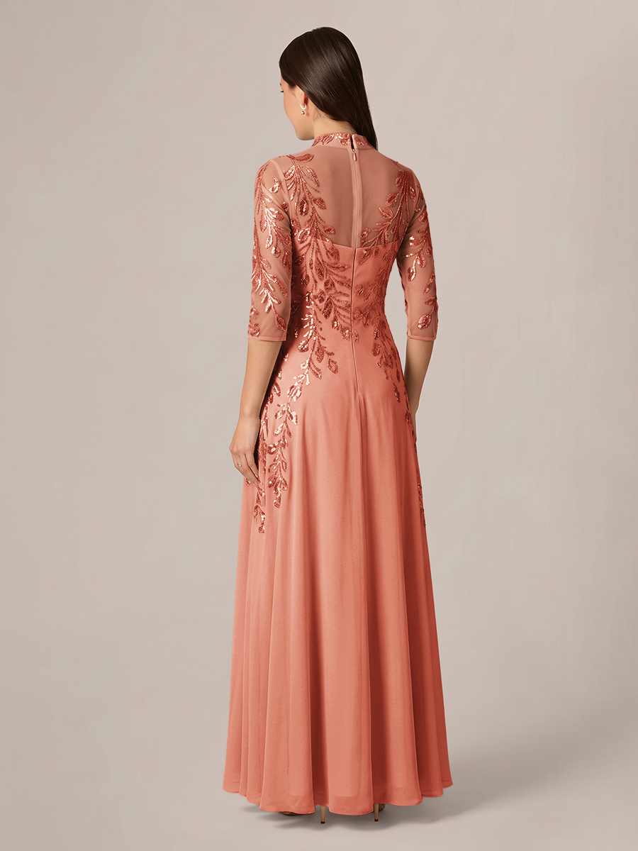 A-line High Neck 3/4 Sleeves Appliques Lace Floor-Length Chiffon Corset Mother of the Bride Dress