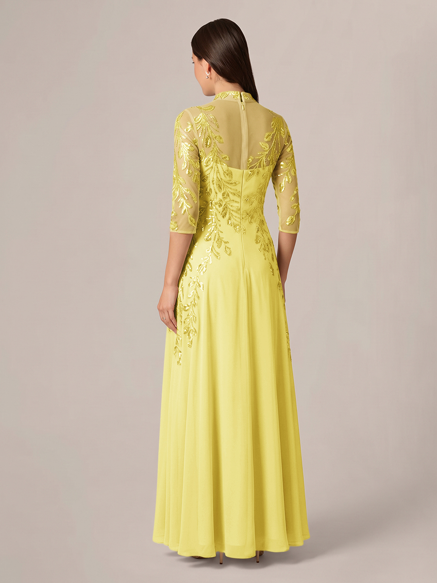 A-line High Neck 3/4 Sleeves Appliques Lace Floor-Length Chiffon Corset Mother of the Bride Dress