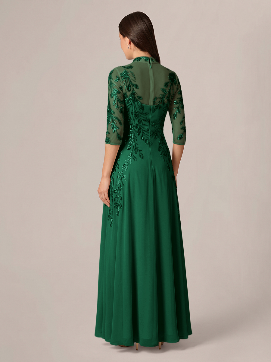 A-line High Neck 3/4 Sleeves Appliques Lace Floor-Length Chiffon Corset Mother of the Bride Dress