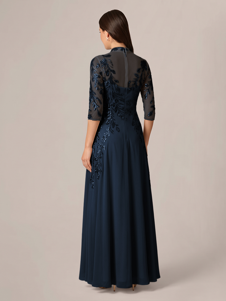 A-line High Neck 3/4 Sleeves Appliques Lace Floor-Length Chiffon Corset Mother of the Bride Dress