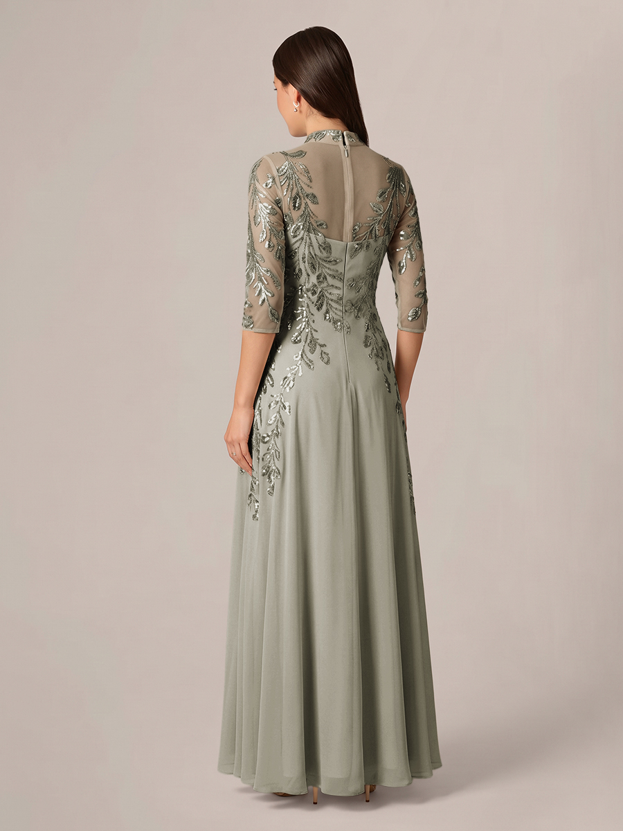 A-line High Neck 3/4 Sleeves Appliques Lace Floor-Length Chiffon Corset Mother of the Bride Dress