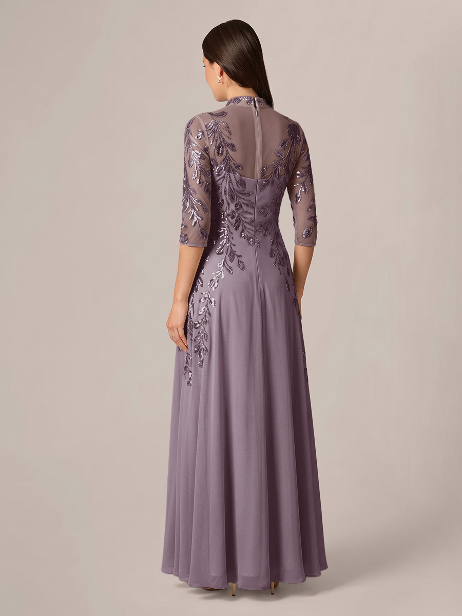 A-line High Neck 3/4 Sleeves Appliques Lace Floor-Length Chiffon Corset Mother of the Bride Dress