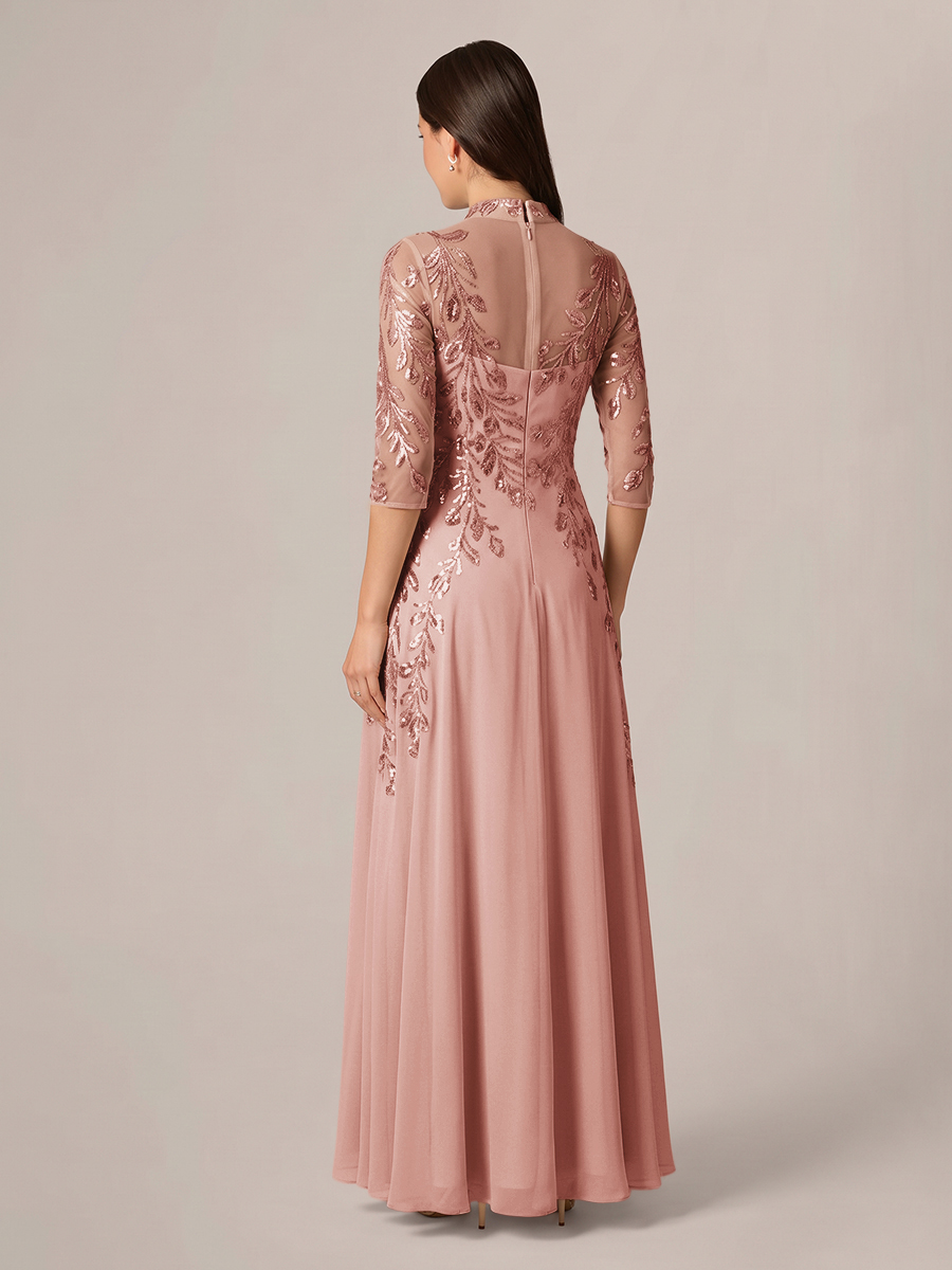 A-line High Neck 3/4 Sleeves Appliques Lace Floor-Length Chiffon Corset Mother of the Bride Dress
