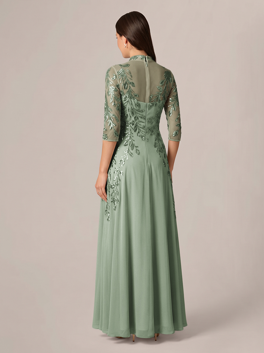 A-line High Neck 3/4 Sleeves Appliques Lace Floor-Length Chiffon Corset Mother of the Bride Dress