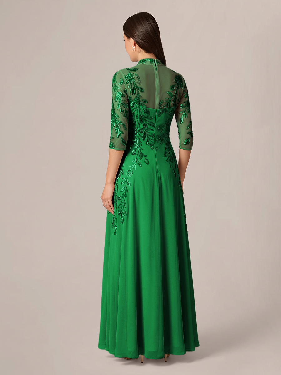 A-line High Neck 3/4 Sleeves Appliques Lace Floor-Length Chiffon Corset Mother of the Bride Dress
