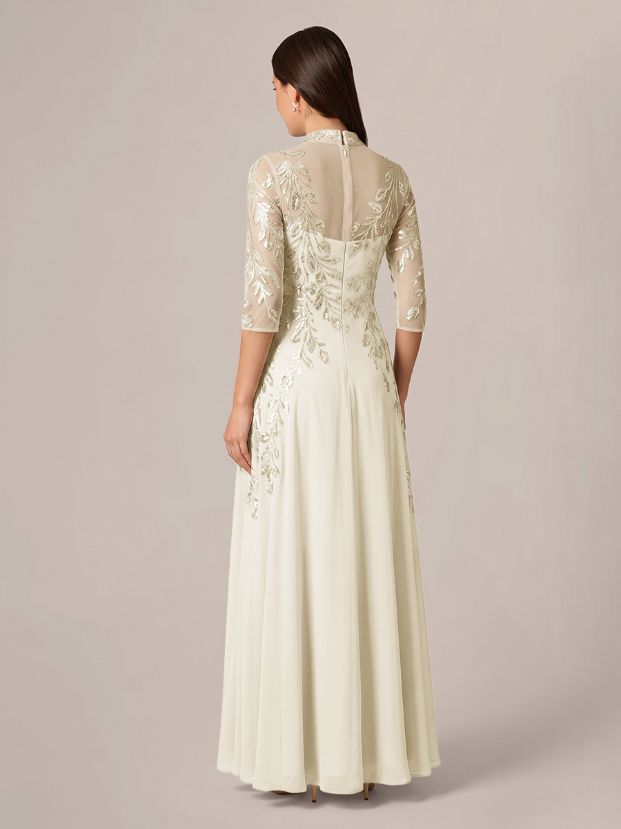 A-line High Neck 3/4 Sleeves Appliques Lace Floor-Length Chiffon Corset Mother of the Bride Dress