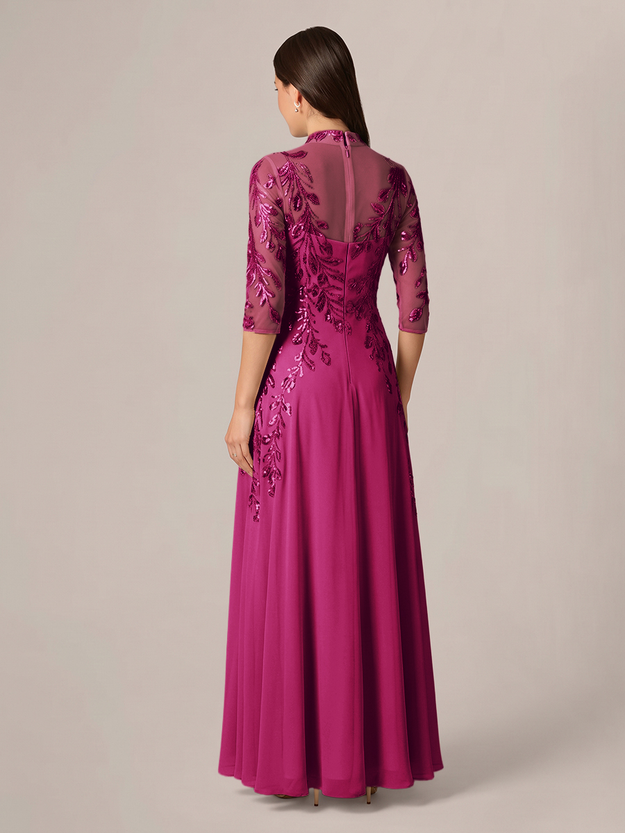 A-line High Neck 3/4 Sleeves Appliques Lace Floor-Length Chiffon Corset Mother of the Bride Dress