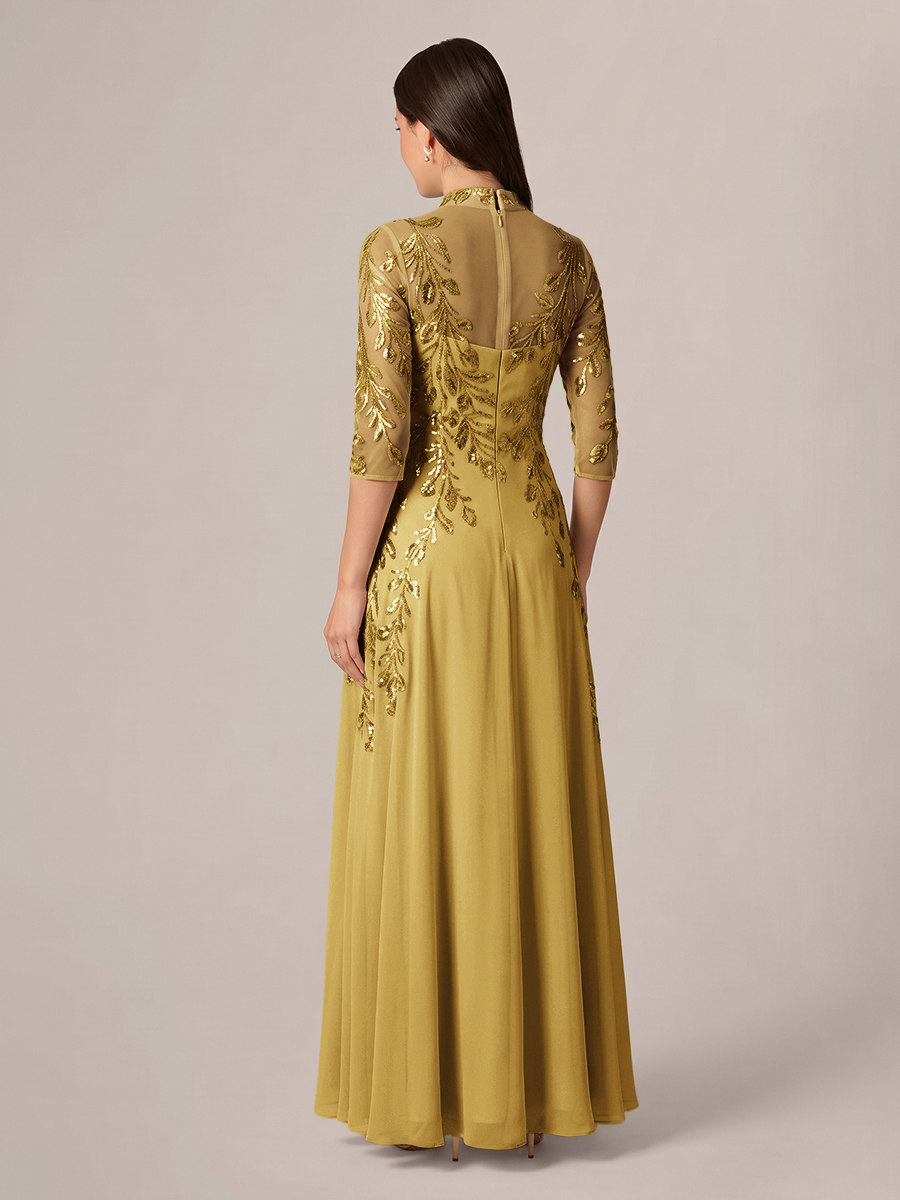A-line High Neck 3/4 Sleeves Appliques Lace Floor-Length Chiffon Corset Mother of the Bride Dress