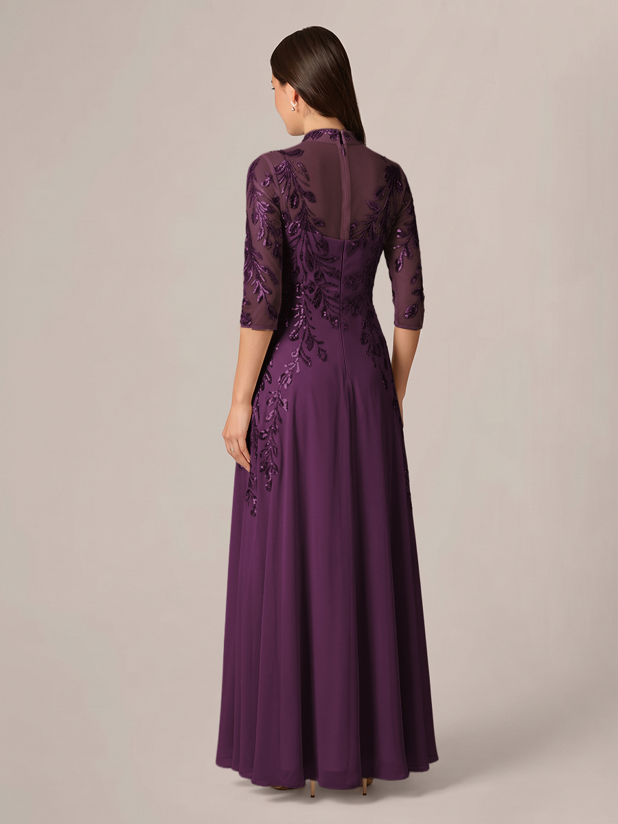 A-line High Neck 3/4 Sleeves Appliques Lace Floor-Length Chiffon Corset Mother of the Bride Dress