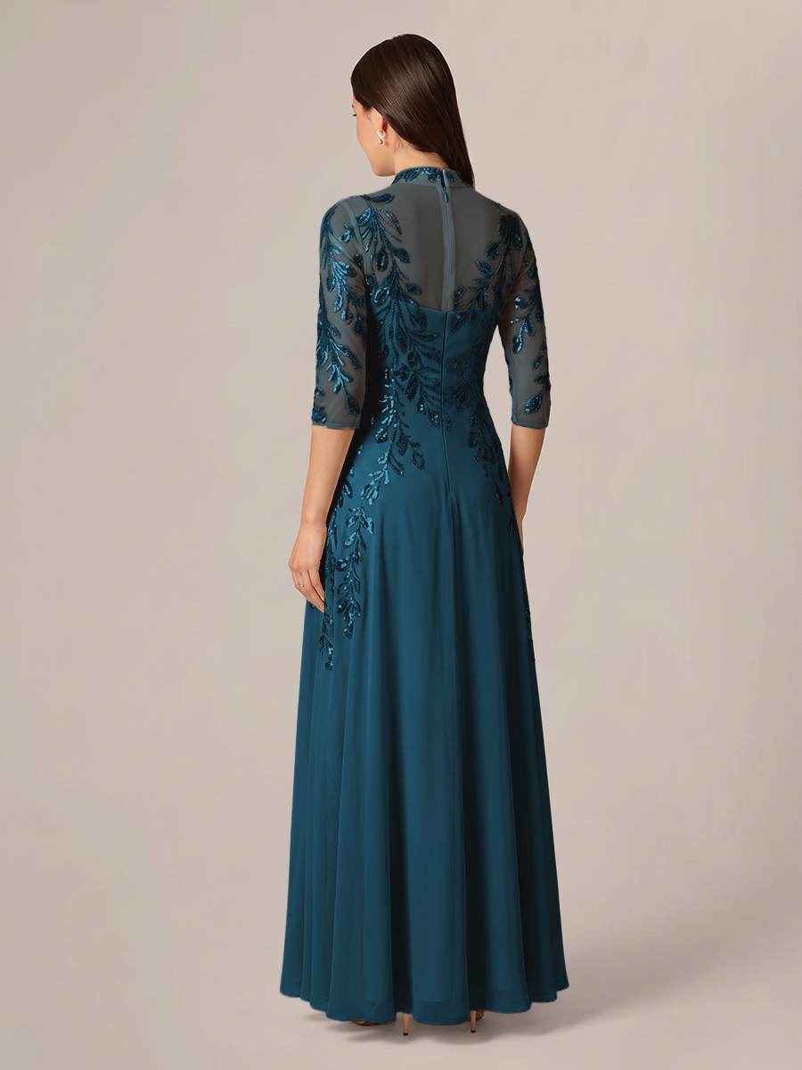 A-line High Neck 3/4 Sleeves Appliques Lace Floor-Length Chiffon Corset Mother of the Bride Dress