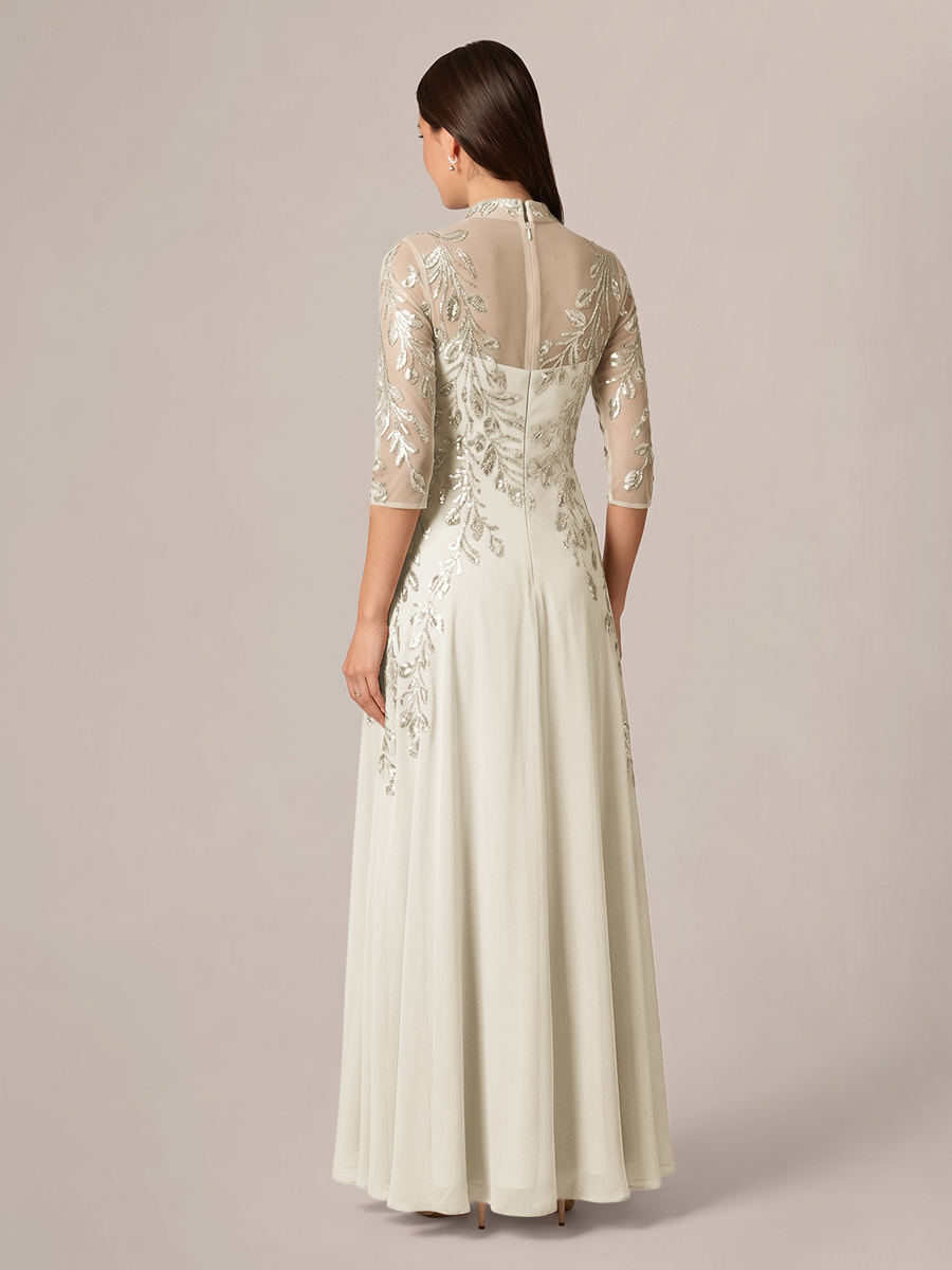 A-line High Neck 3/4 Sleeves Appliques Lace Floor-Length Chiffon Corset Mother of the Bride Dress