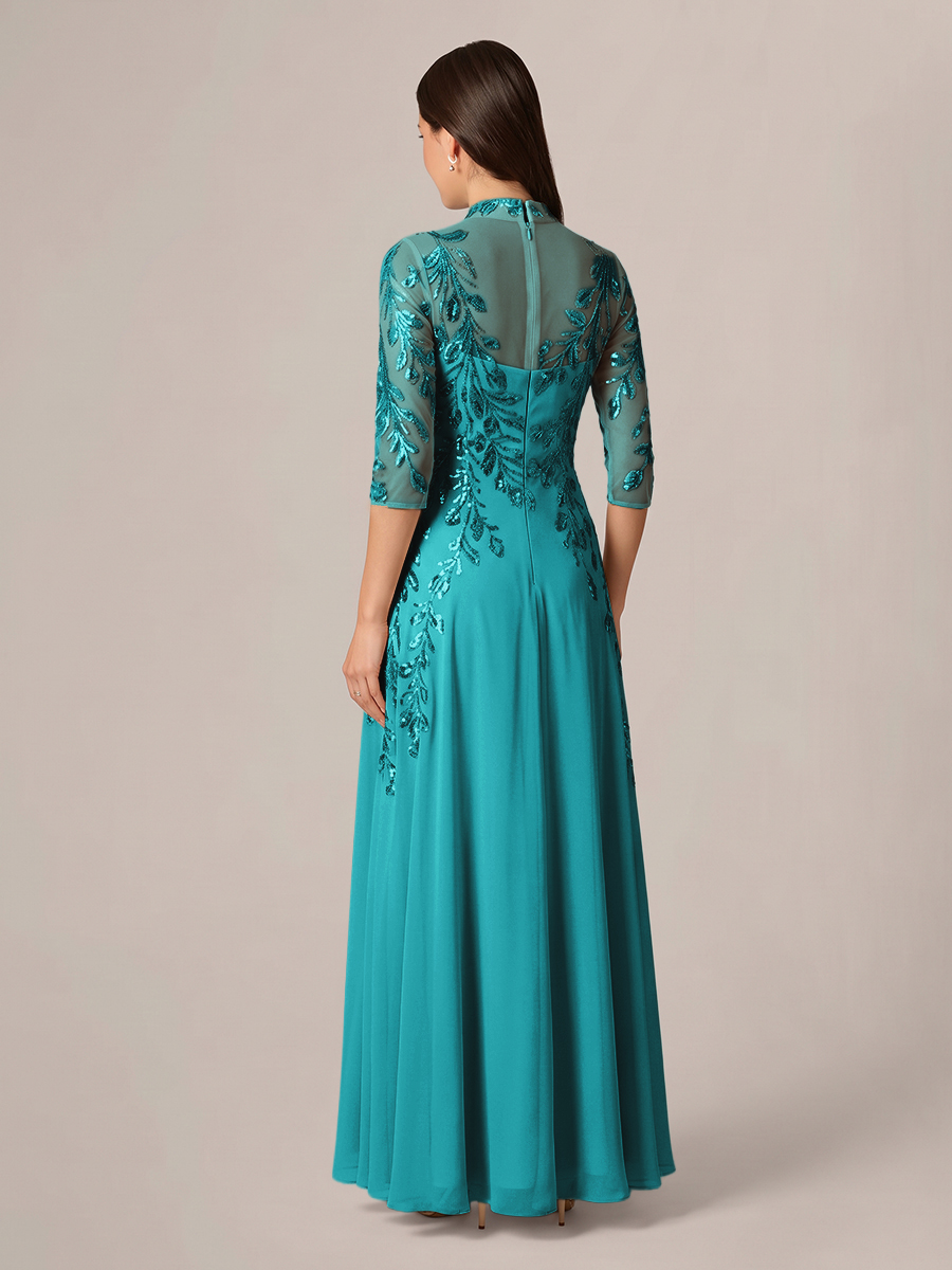 A-line High Neck 3/4 Sleeves Appliques Lace Floor-Length Chiffon Corset Mother of the Bride Dress