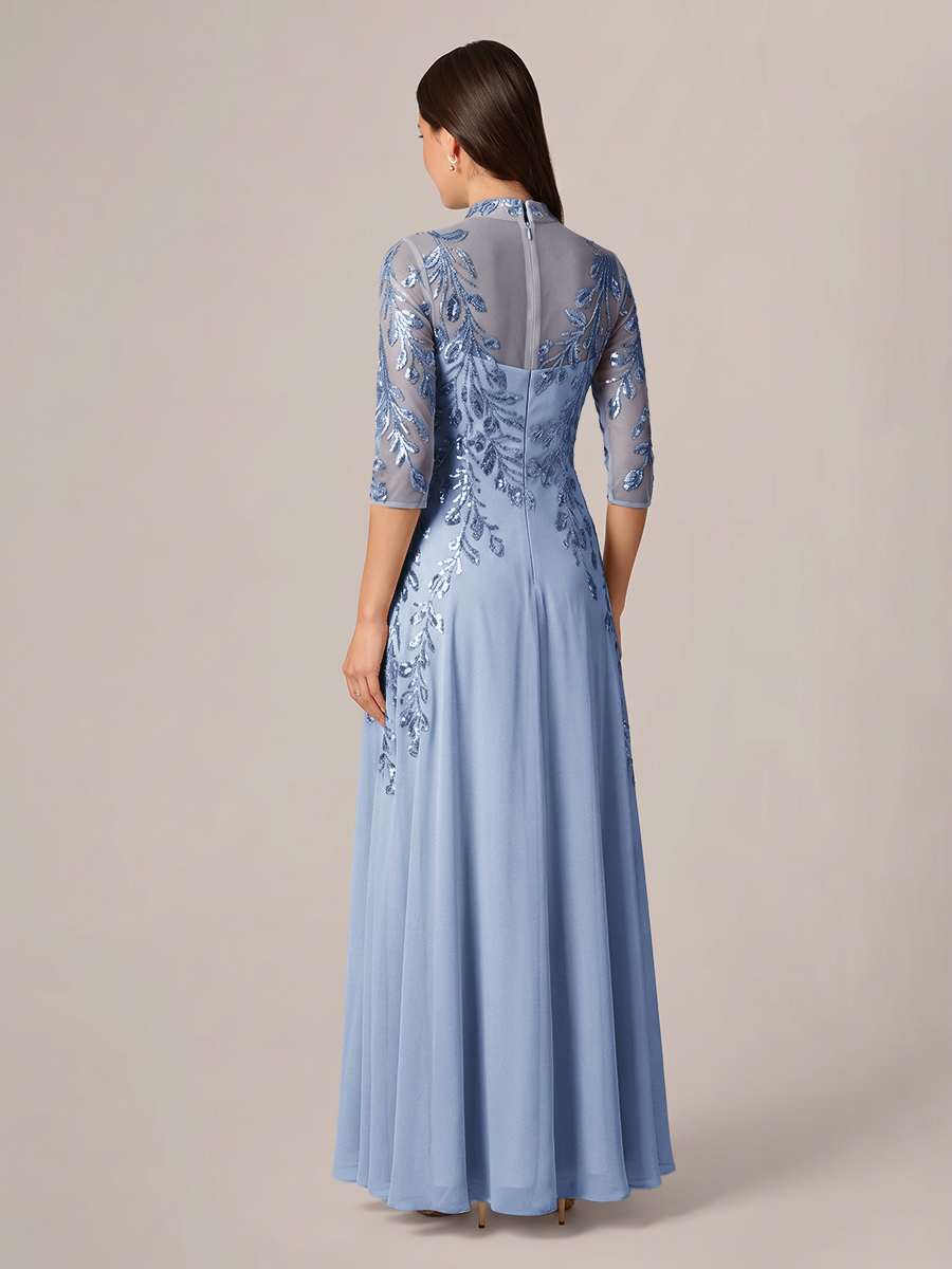 A-line High Neck 3/4 Sleeves Appliques Lace Floor-Length Chiffon Corset Mother of the Bride Dress