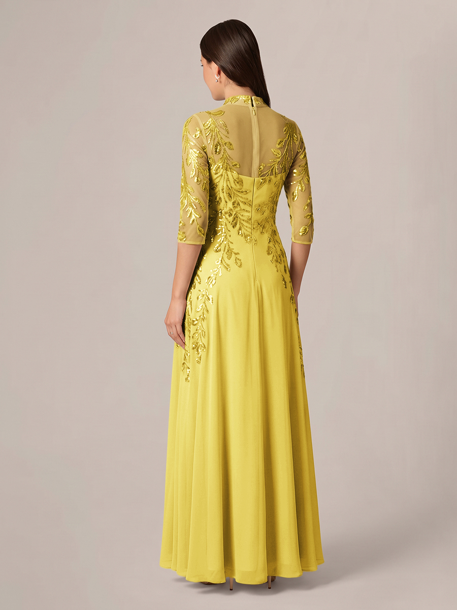 A-line High Neck 3/4 Sleeves Appliques Lace Floor-Length Chiffon Corset Mother of the Bride Dress