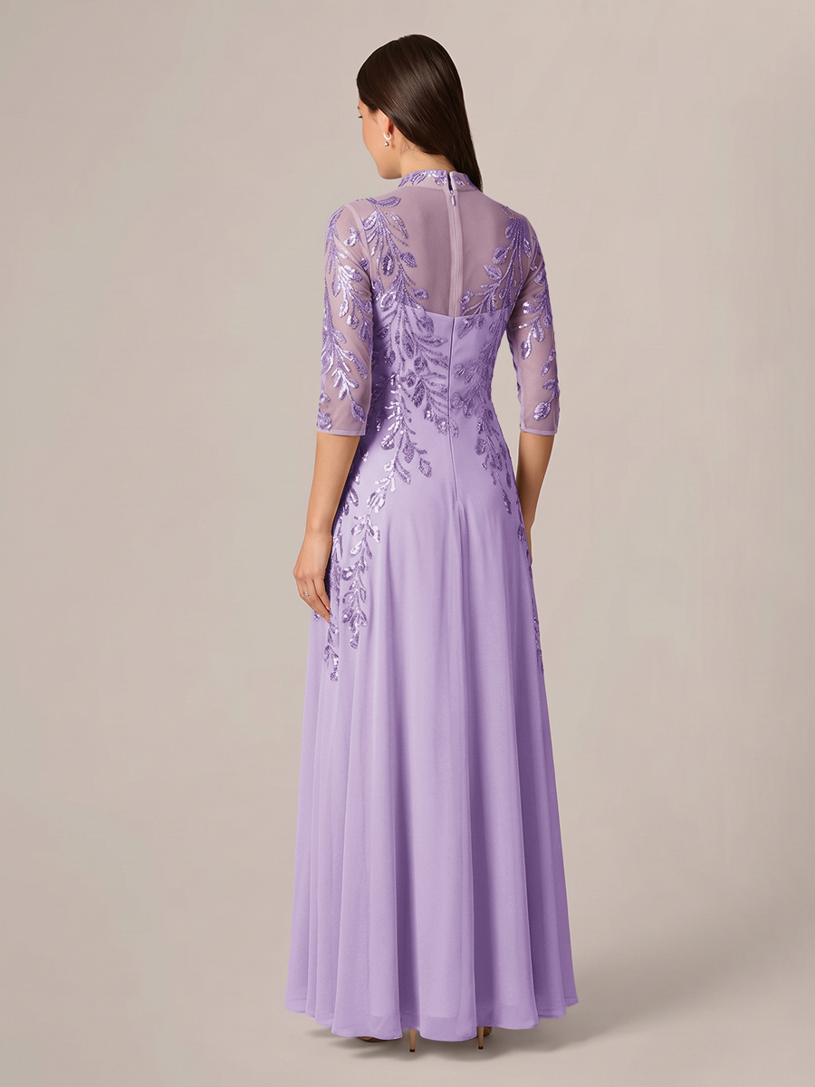 A-line High Neck 3/4 Sleeves Appliques Lace Floor-Length Chiffon Corset Mother of the Bride Dress