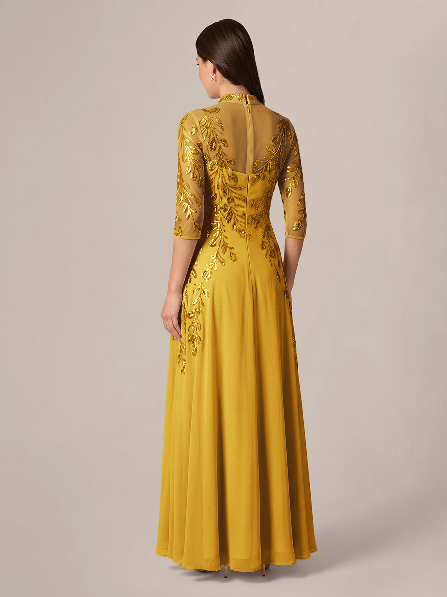 A-line High Neck 3/4 Sleeves Appliques Lace Floor-Length Chiffon Corset Mother of the Bride Dress