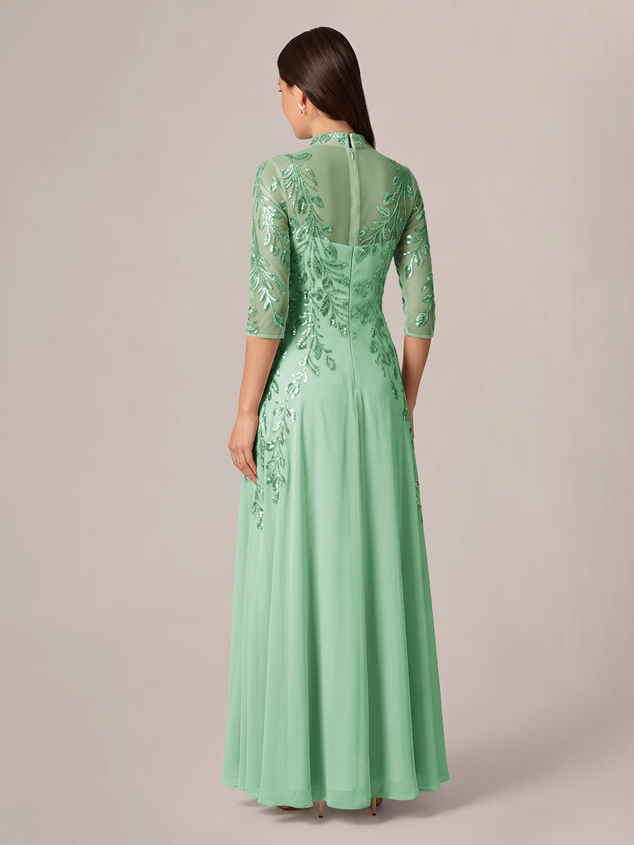 A-line High Neck 3/4 Sleeves Appliques Lace Floor-Length Chiffon Corset Mother of the Bride Dress