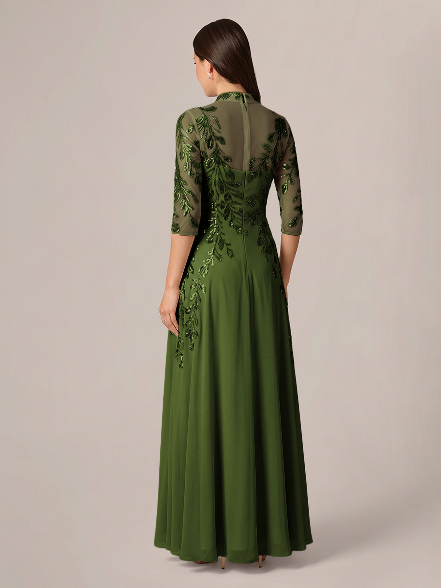 A-line High Neck 3/4 Sleeves Appliques Lace Floor-Length Chiffon Corset Mother of the Bride Dress
