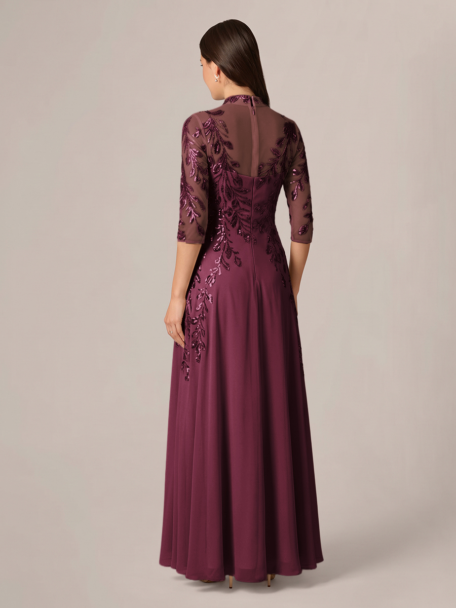 A-line High Neck 3/4 Sleeves Appliques Lace Floor-Length Chiffon Corset Mother of the Bride Dress