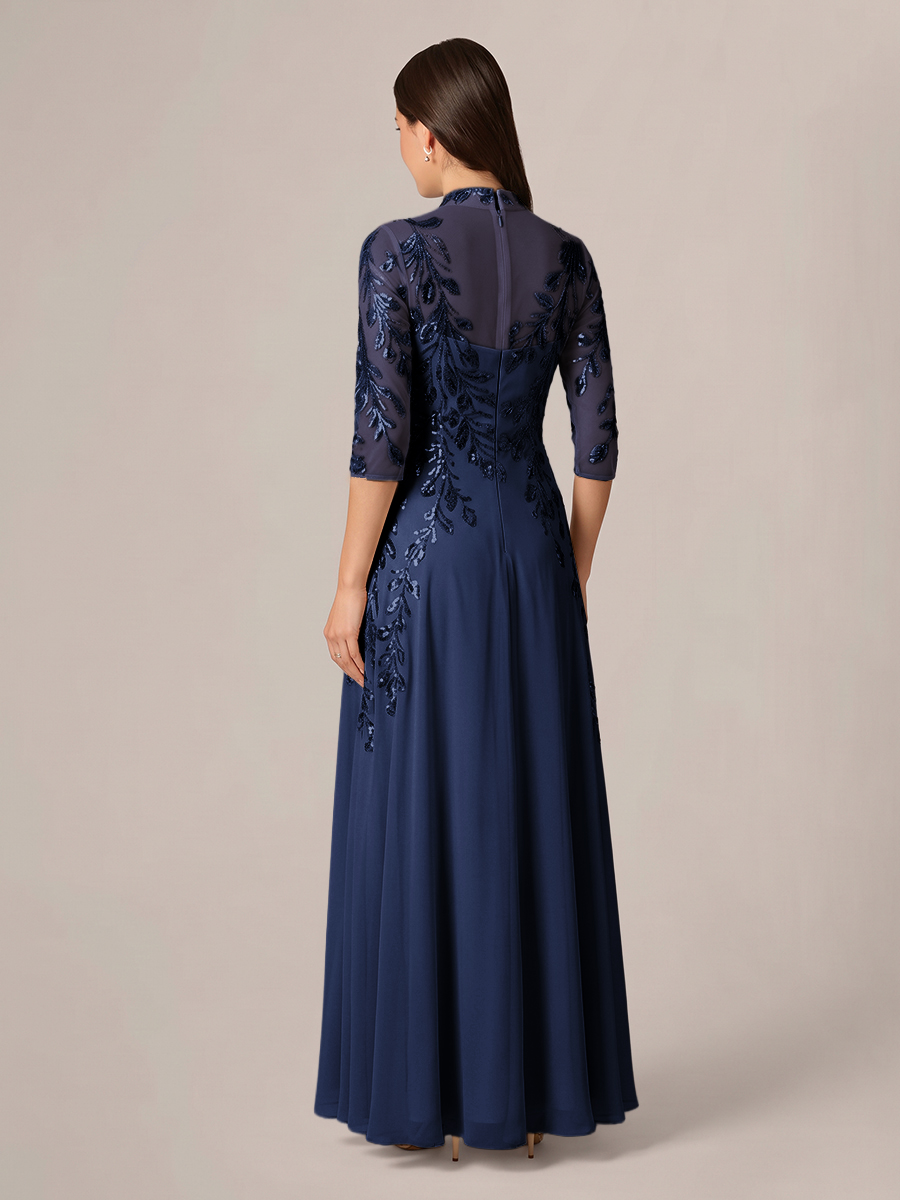 A-line High Neck 3/4 Sleeves Appliques Lace Floor-Length Chiffon Corset Mother of the Bride Dress