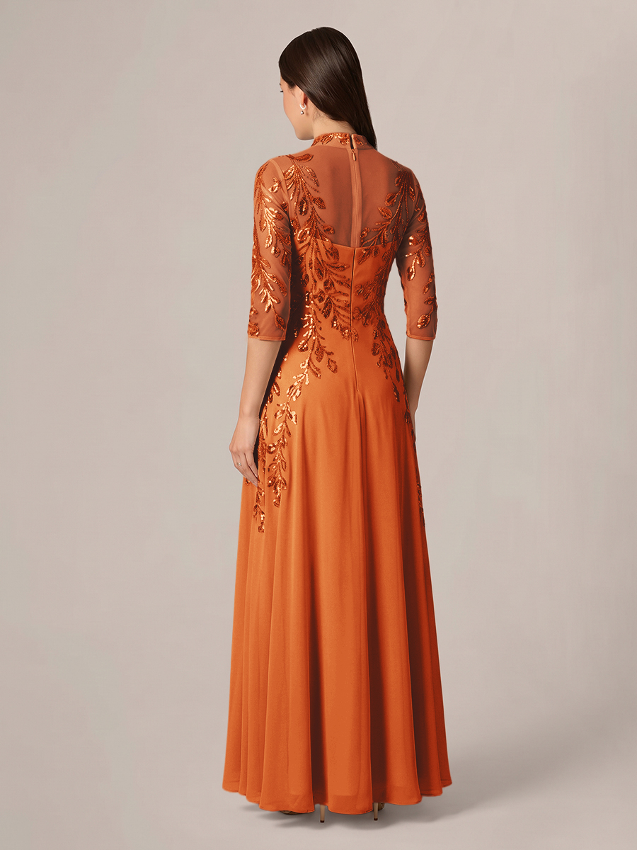 A-line High Neck 3/4 Sleeves Appliques Lace Floor-Length Chiffon Corset Mother of the Bride Dress