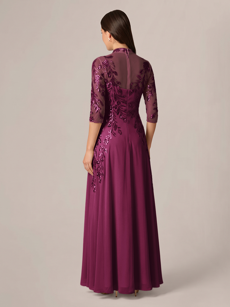 A-line High Neck 3/4 Sleeves Appliques Lace Floor-Length Chiffon Corset Mother of the Bride Dress
