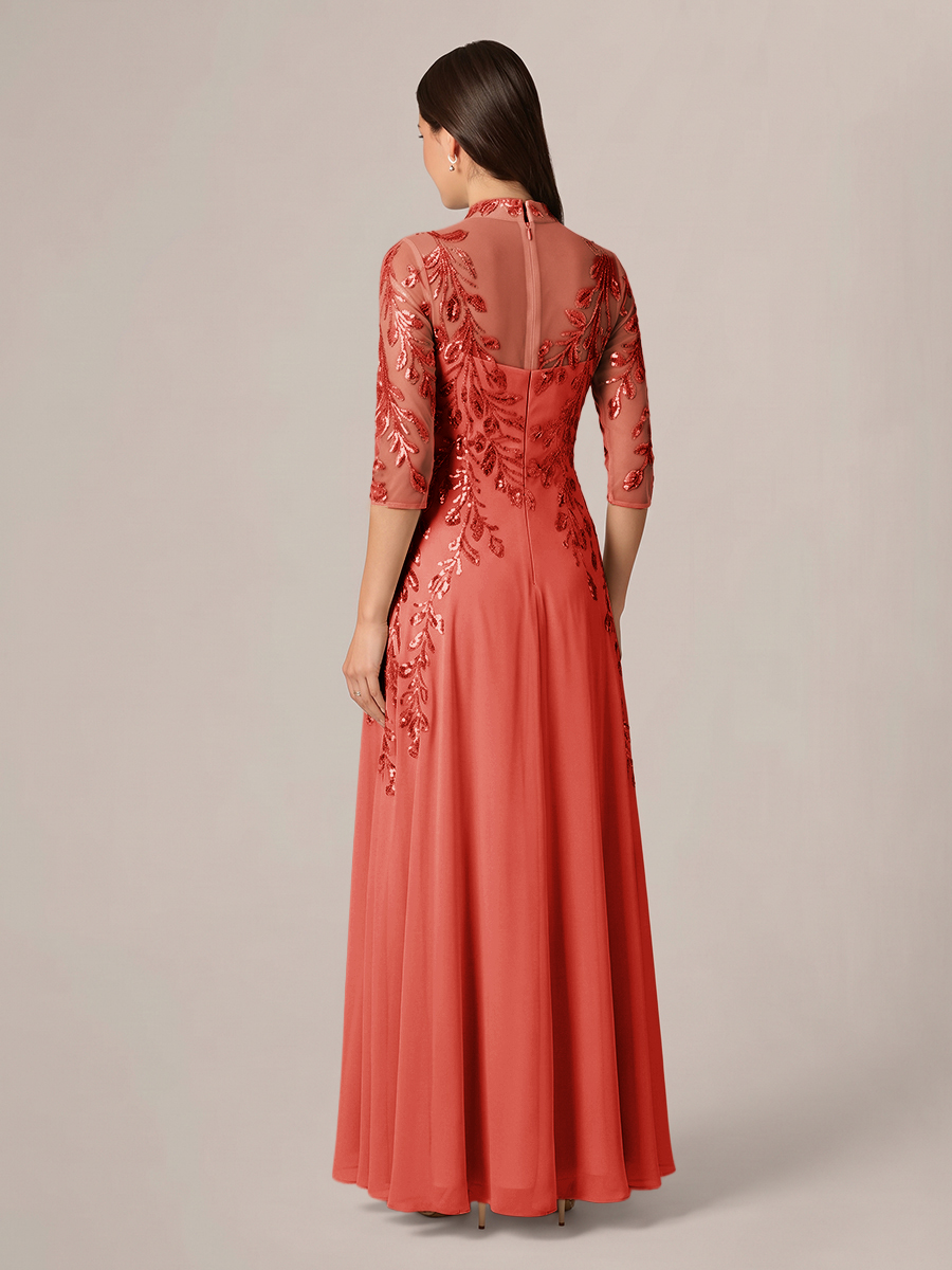A-line High Neck 3/4 Sleeves Appliques Lace Floor-Length Chiffon Corset Mother of the Bride Dress