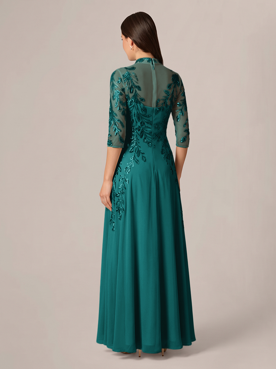 A-line High Neck 3/4 Sleeves Appliques Lace Floor-Length Chiffon Corset Mother of the Bride Dress