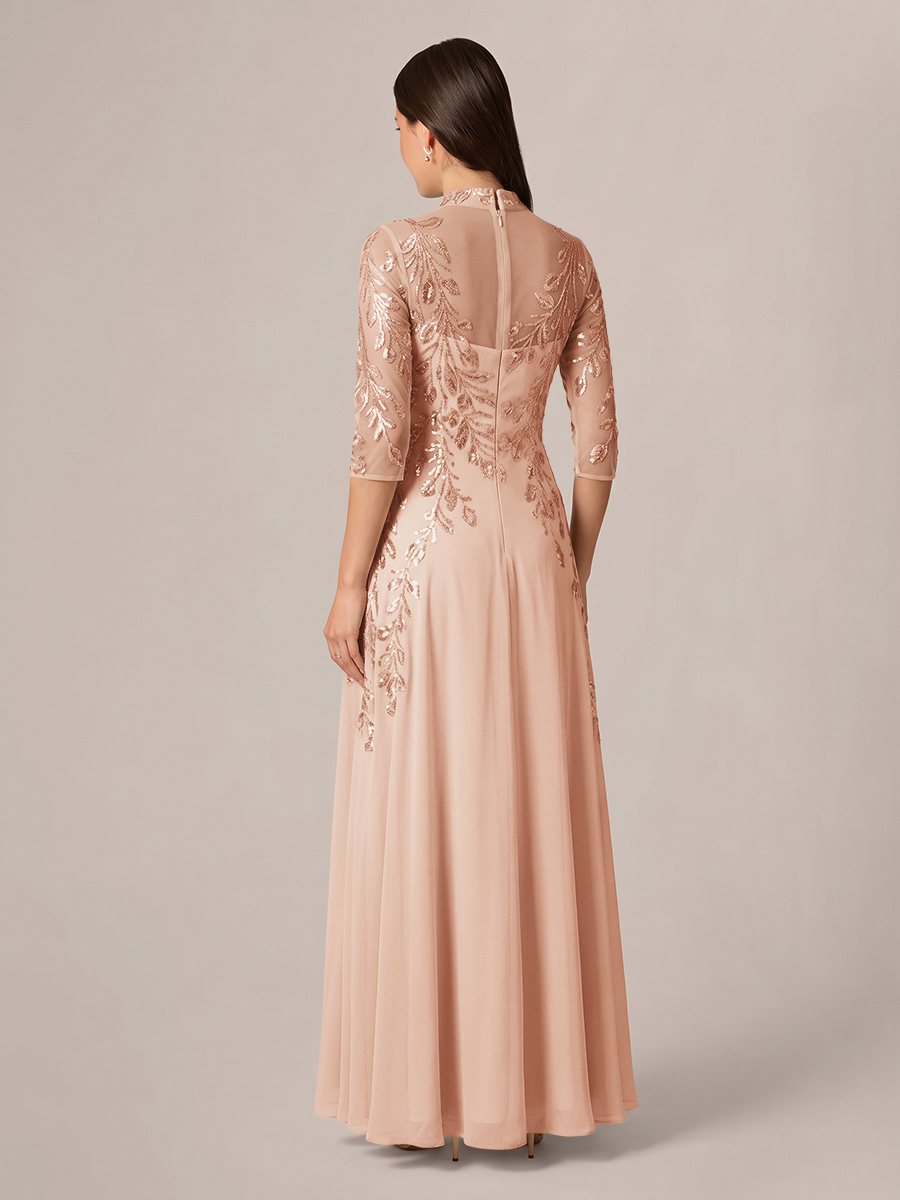 A-line High Neck 3/4 Sleeves Appliques Lace Floor-Length Chiffon Corset Mother of the Bride Dress