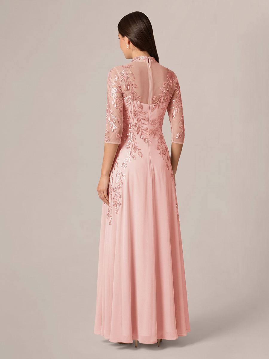 A-line High Neck 3/4 Sleeves Appliques Lace Floor-Length Chiffon Corset Mother of the Bride Dress