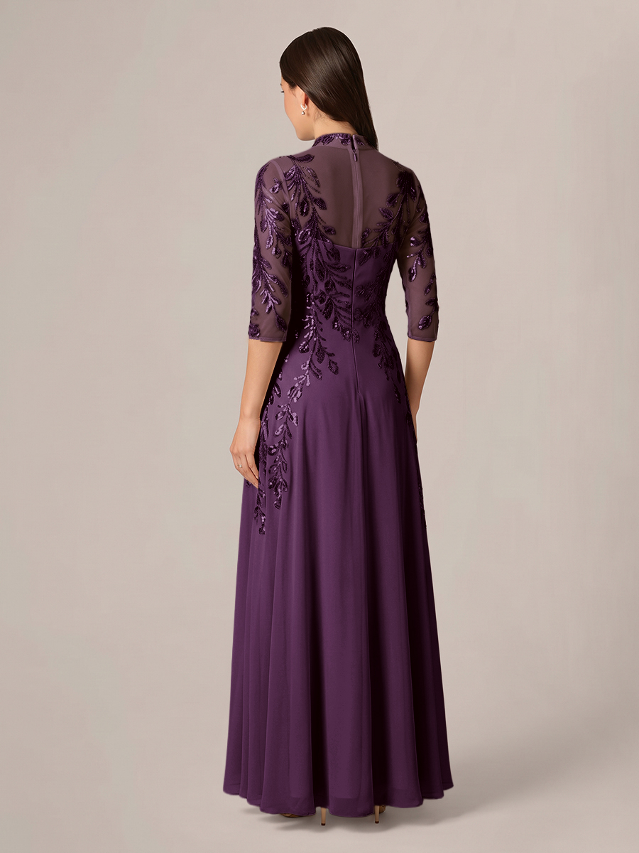 A-line High Neck 3/4 Sleeves Appliques Lace Floor-Length Chiffon Corset Mother of the Bride Dress