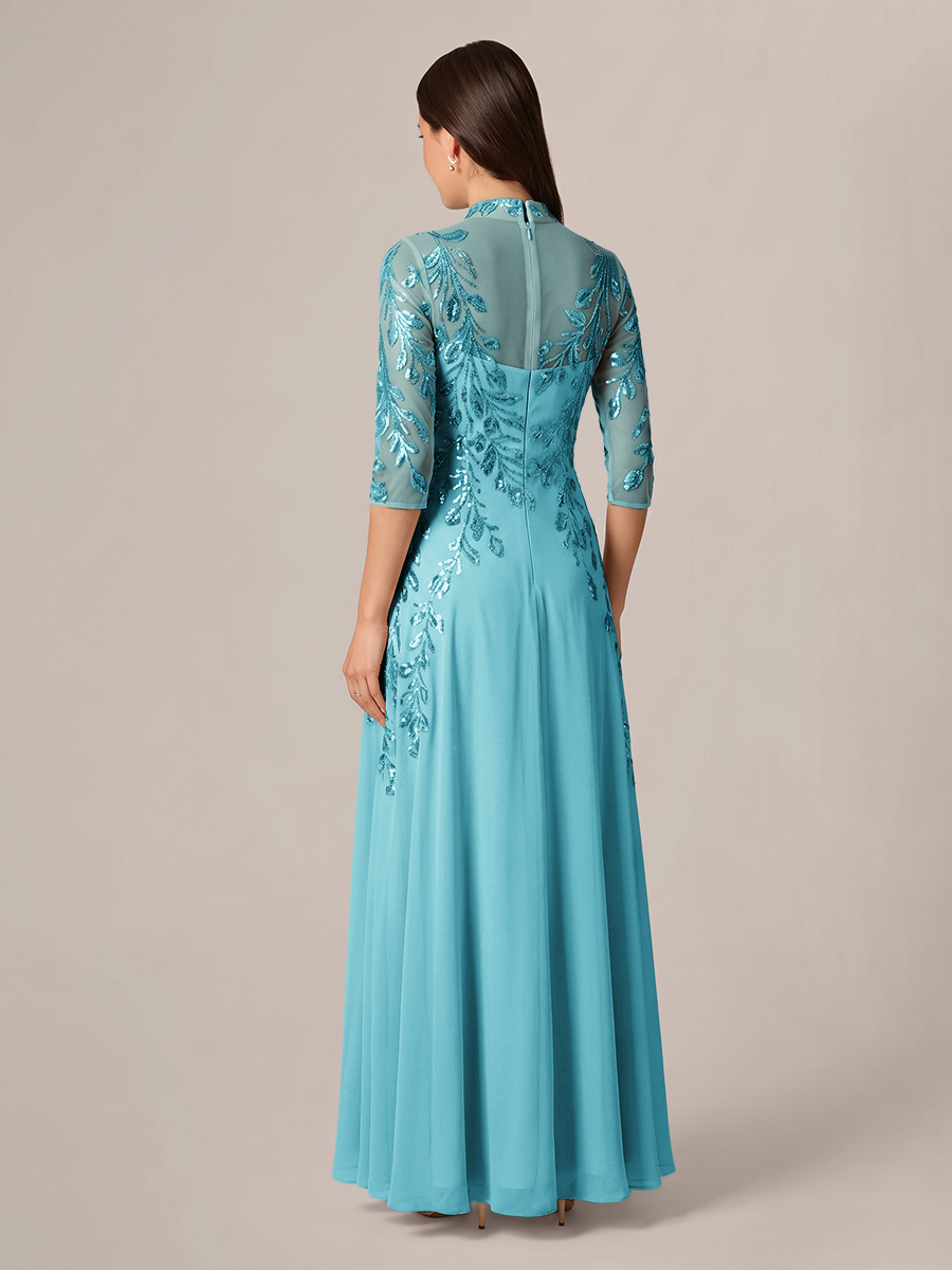 A-line High Neck 3/4 Sleeves Appliques Lace Floor-Length Chiffon Corset Mother of the Bride Dress